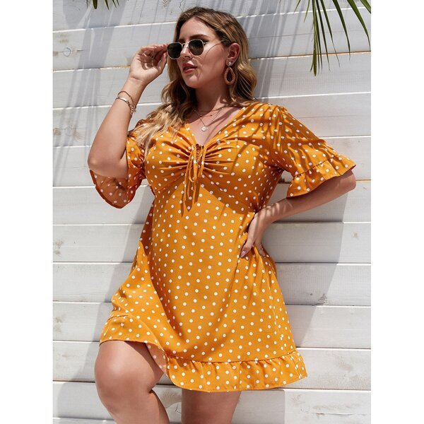

Plus Polka Dot Drawstring Flounce Sleeve A-line Dress, Mustard yellow