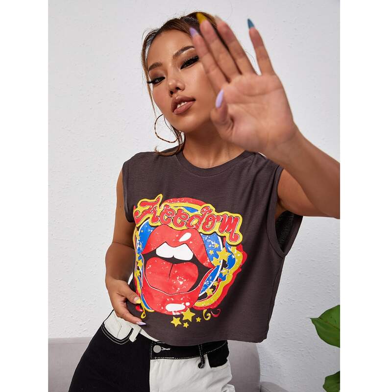 

Mouth And Letter Graphic Tank Top, Chocolate brown