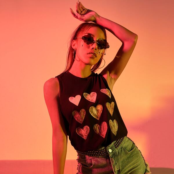 

Heart Print Tank Top, Black