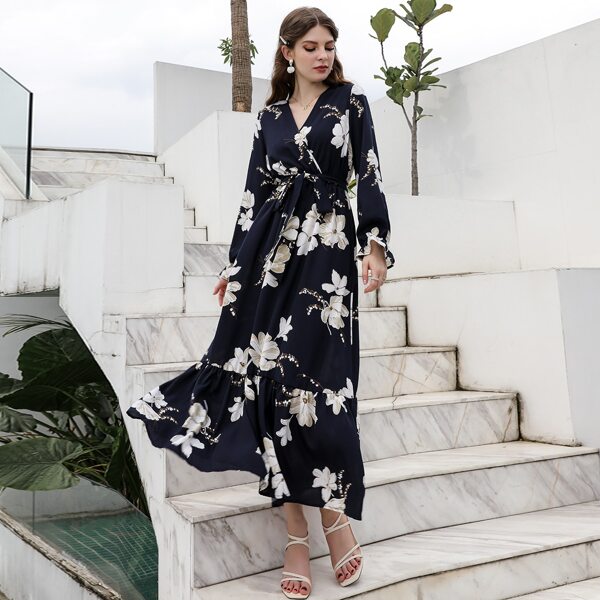 

Floral Surplice Neck Belted Ruffle Hem Dress, Navy blue