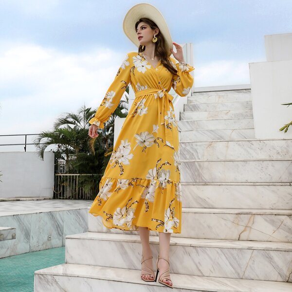 

Floral Surplice Neck Belted Ruffle Hem Dress, Yellow