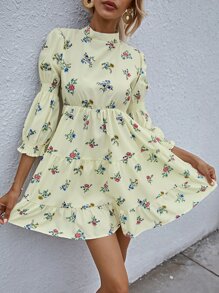 SHEIN Unity 印花荷葉邊下擺連衣裙 - 米色 - 查看 1