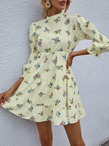 SHEIN Unity 印花荷葉邊下擺連衣裙 - 米色 - 查看 3