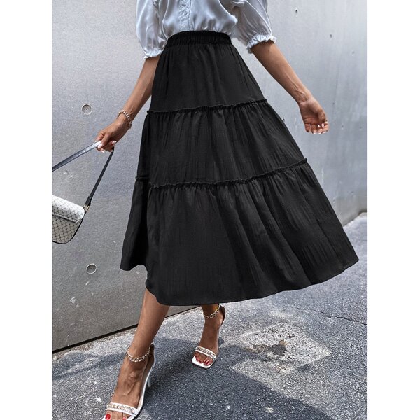 

Frill Trim Ruffle Hem Skirt, Black