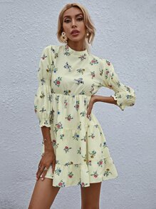 SHEIN Unity 印花荷葉邊下擺連衣裙 - 米色 - 查看 4