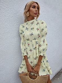 SHEIN Unity 印花荷葉邊下擺連衣裙 - 米色 - 查看 5