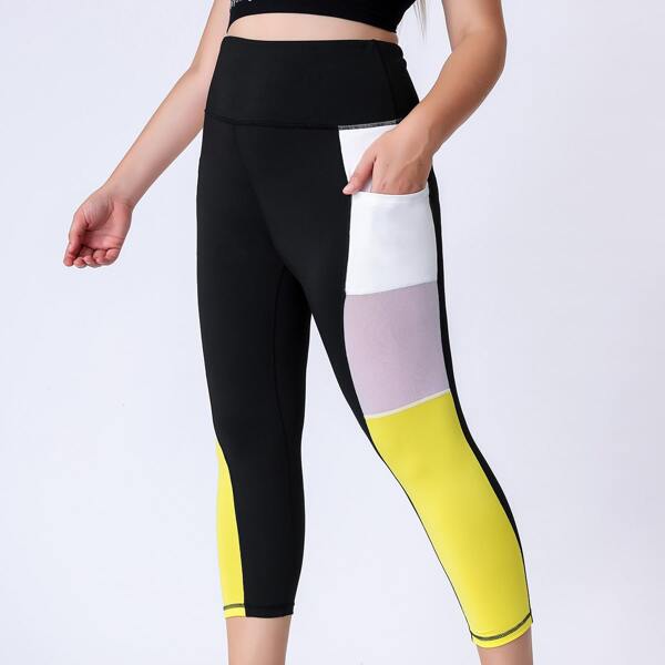 

Plus Color Block Sports Leggings With Pocket, Multicolor