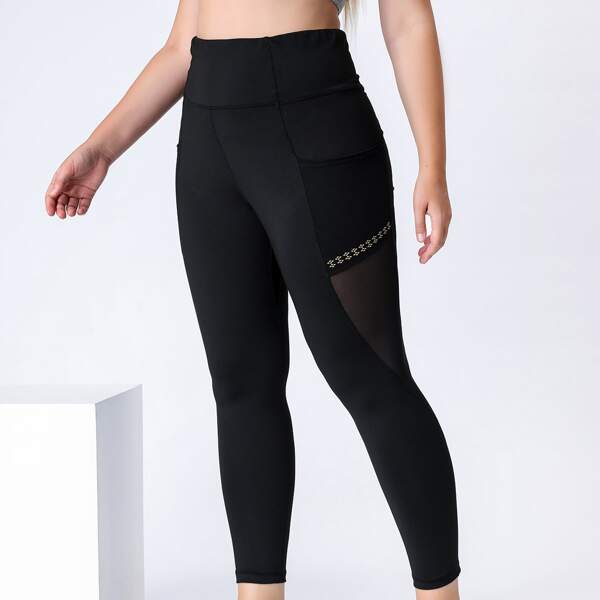 

Plus Contrast Mesh Sports Leggings, Black
