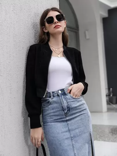 Mulvari Solid Zipper Front Crop Bomber Jacket Fall Winter Cloth For Women