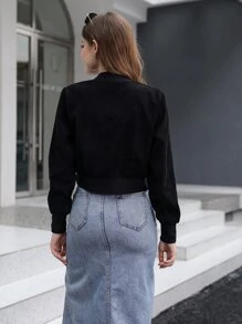 Mulvari Solid Zipper Front Crop Bomber Jacket Fall Winter Cloth For Women - Black - View 2