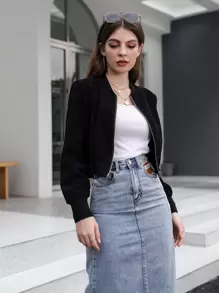 Mulvari Solid Zipper Front Crop Bomber Jacket Fall Winter Cloth For Women - Black - View 3