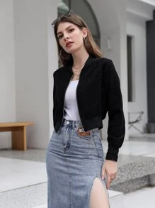 Mulvari Solid Zipper Front Crop Bomber Jacket Fall Winter Cloth For Women - Black - View 4