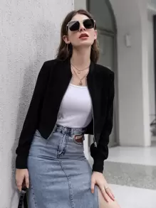 Mulvari Solid Zipper Front Crop Bomber Jacket Fall Winter Cloth For Women - Black - View 6