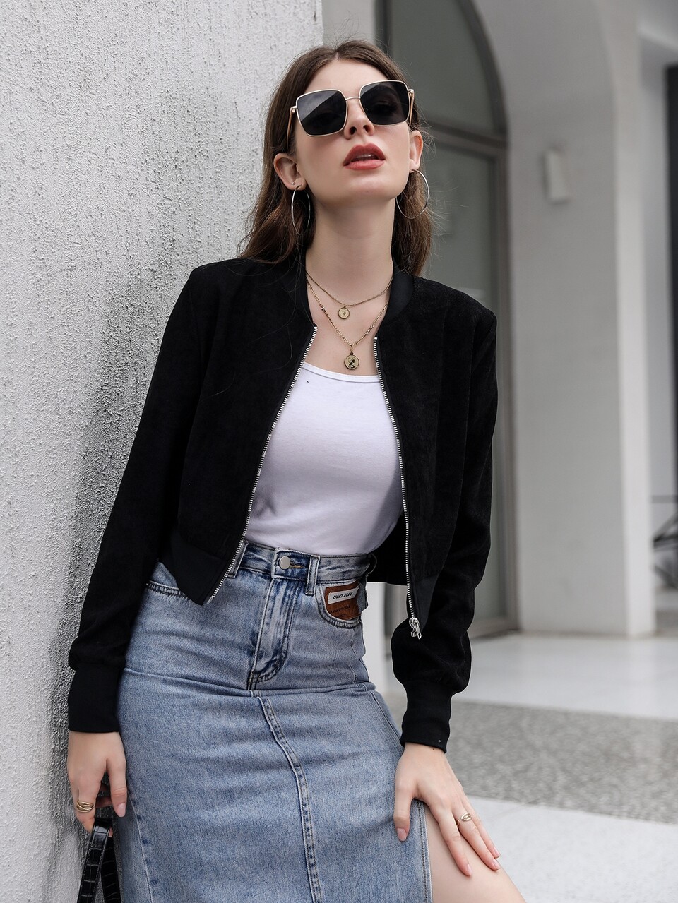 Solid Zipper Front Crop Bomber Jacket Fall Winter Cloth For Women