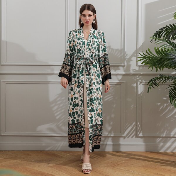 

Floral Print Tie Waist Kimono, Multicolor