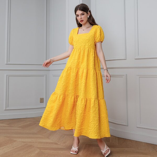 

Square Neck Puff Sleeve Wrinkled Smock Dress, Yellow