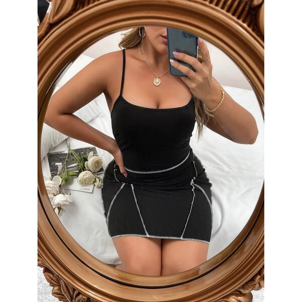

Plus Contrast Topstitching Lace Up Back Cami Dress, Black