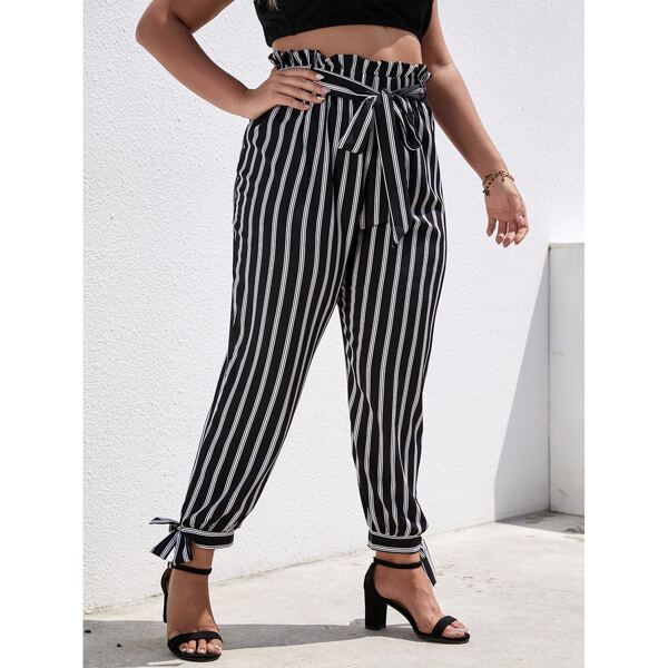 

Plus Striped Paper Bag Waist Belted Pants, Black