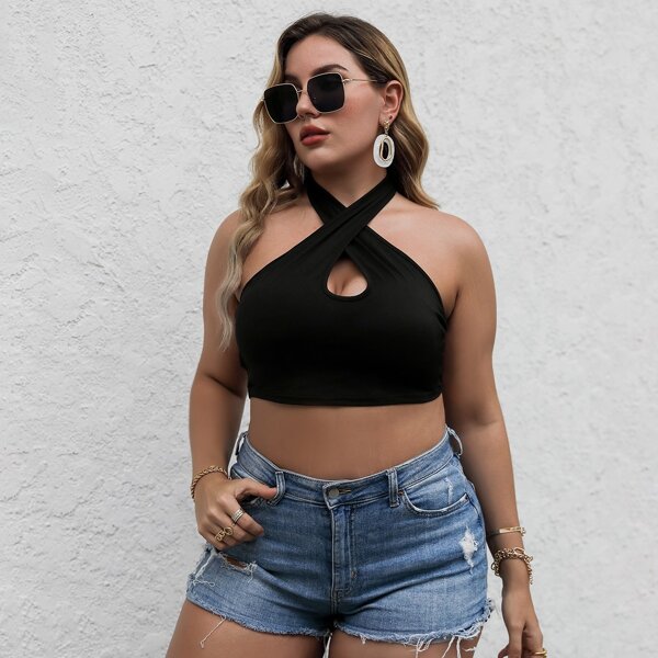 

Plus Solid Peekaboo Crop Halter Top, Black