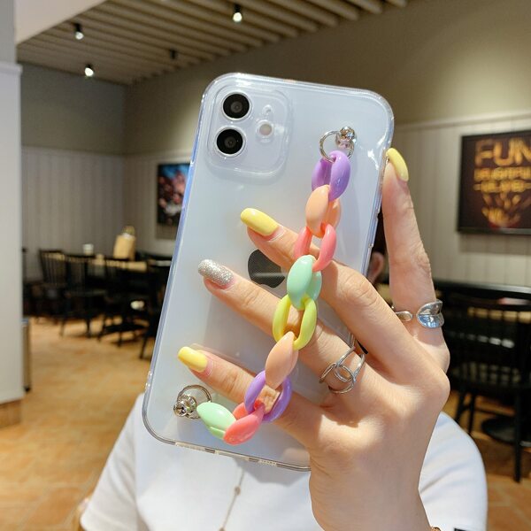 

Solid Phone Case With Colorful Chain Hand Strap, Clear