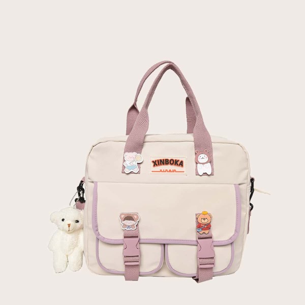 

Girls Contrast Binding Canvas Tote Bag With Bag Charm, White