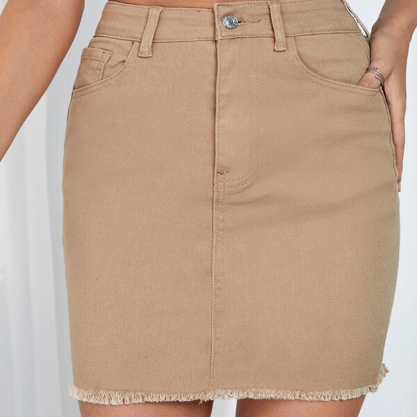 

High Waist Raw Hem Denim Skirt, Camel