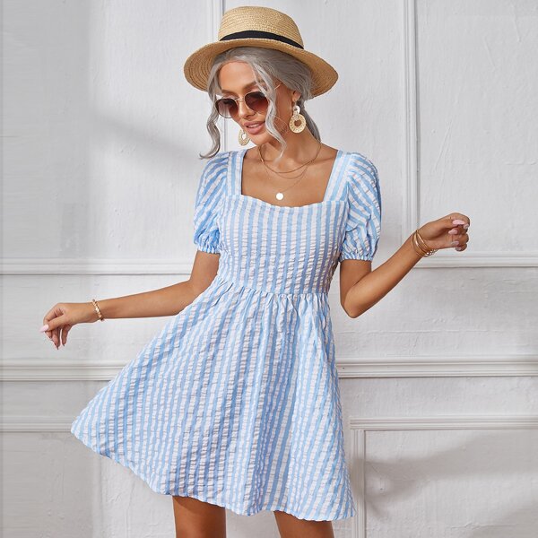 

Tie Back Puff Sleeve Gingham Dress, Blue and white