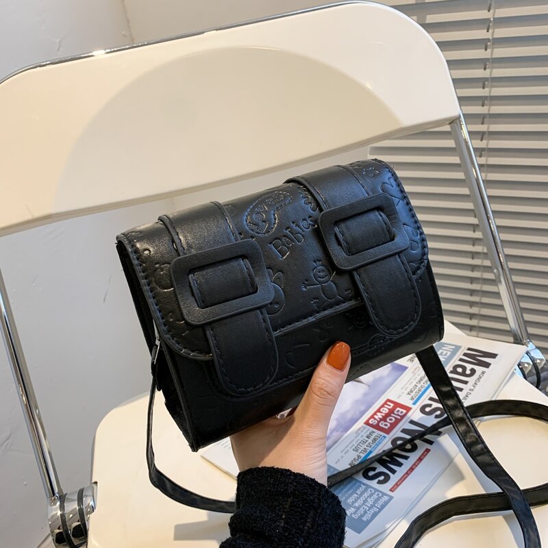 

Cartoon Embossed Flap Crossbody Bag, Black