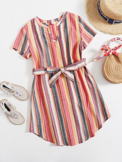 SHEIN Girls Notch Neck Self Belted Striped Dress