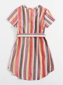 SHEIN 女孩西裝領自腰帶條紋連衣裙 - 彩色 - 查看 2