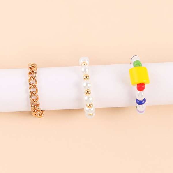 

3pcs Faux Pearl Beaded Ring, Multicolor