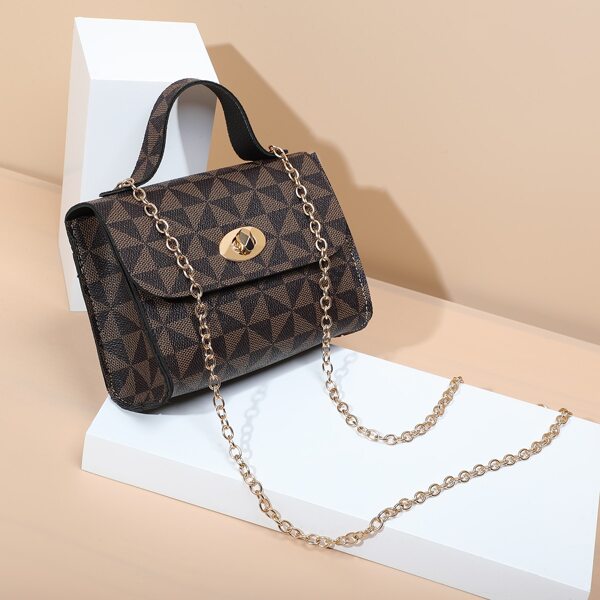 

Geo Graphic Flap Satchel Bag, Coffee brown