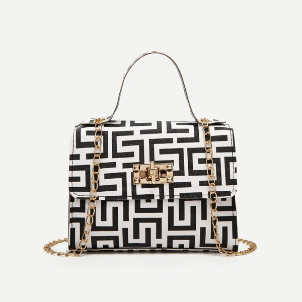 

Geo Graphic Turn-lock Satchel Bag, Black and white