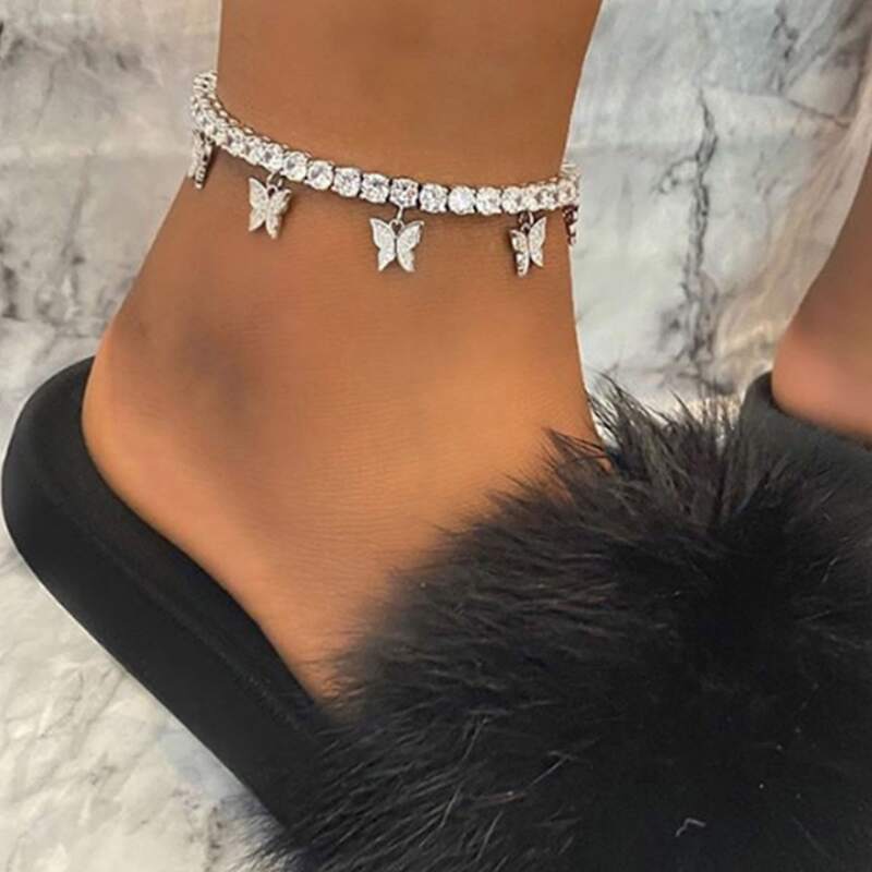 

Rhinestone Butterfly Anklet, Silver