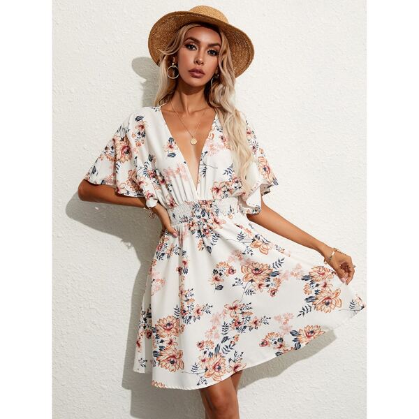 

Allover Floral Print Plunging Neck A-line Dress, White
