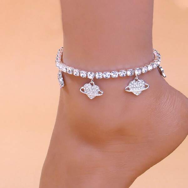 

Rhinestone Heart Charm Anklet, Silver