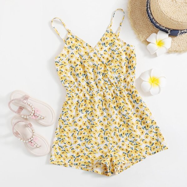 

Girls Surplice Neck Allover Floral Cami Romper, Multicolor