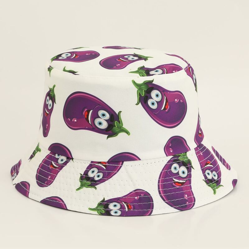 

Guys Cartoon Eggplant Print Bucket Hat, White
