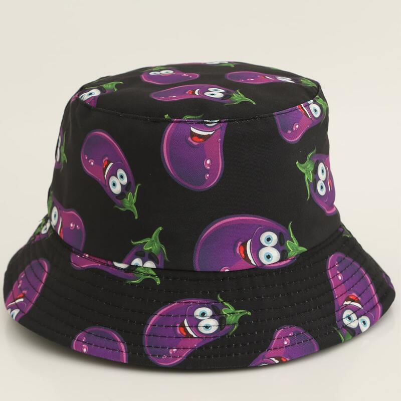 

Guys Cartoon Eggplant Print Bucket Hat, Black