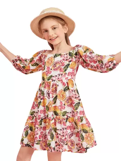 SHEIN Krås Hem Frukt&Grönsak Boho Flickors Klänning