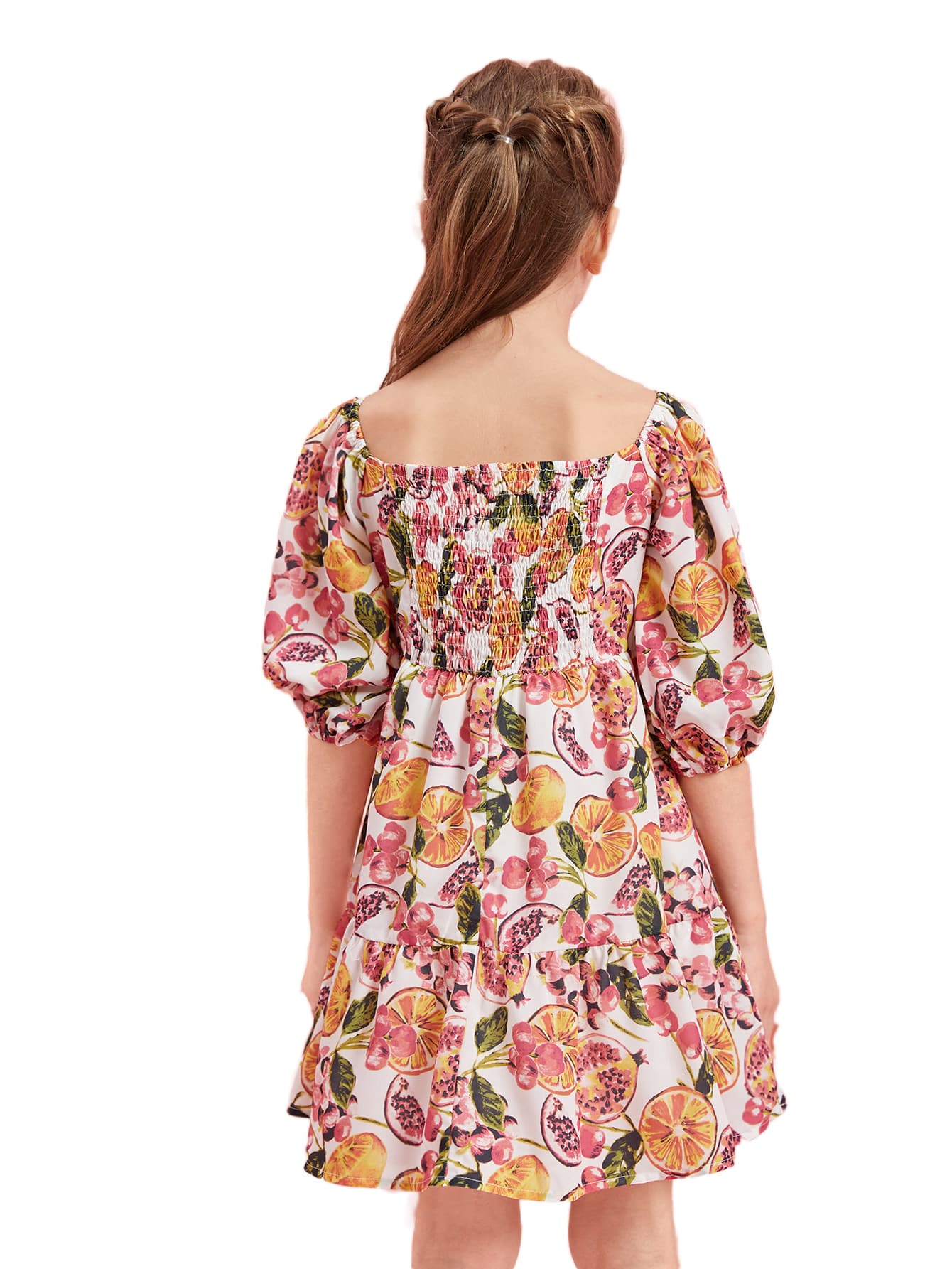 Girls Fruit Print Shirred Back Lantern Sleeve Dress