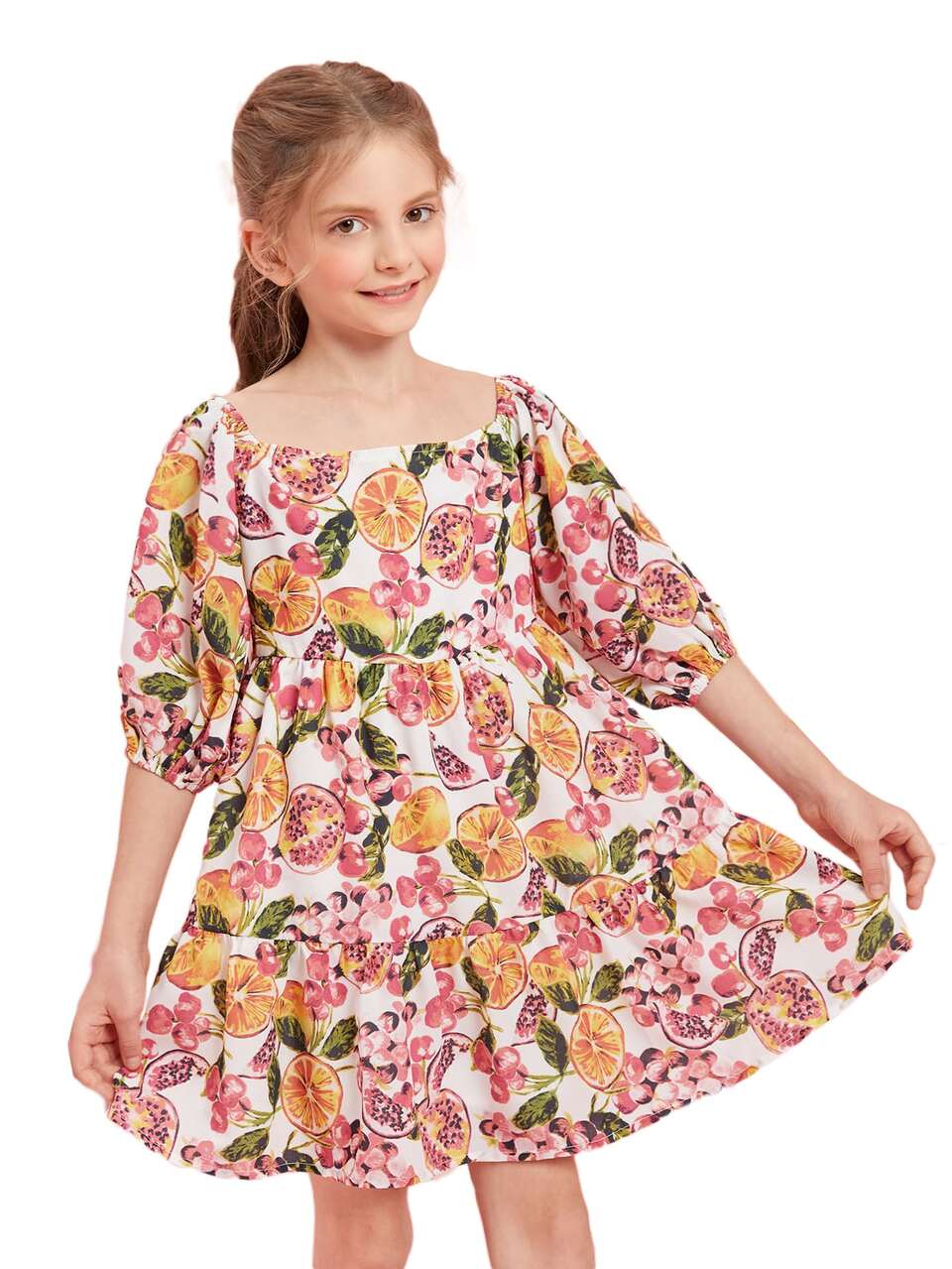 Girls Fruit Print Shirred Back Lantern Sleeve Dress