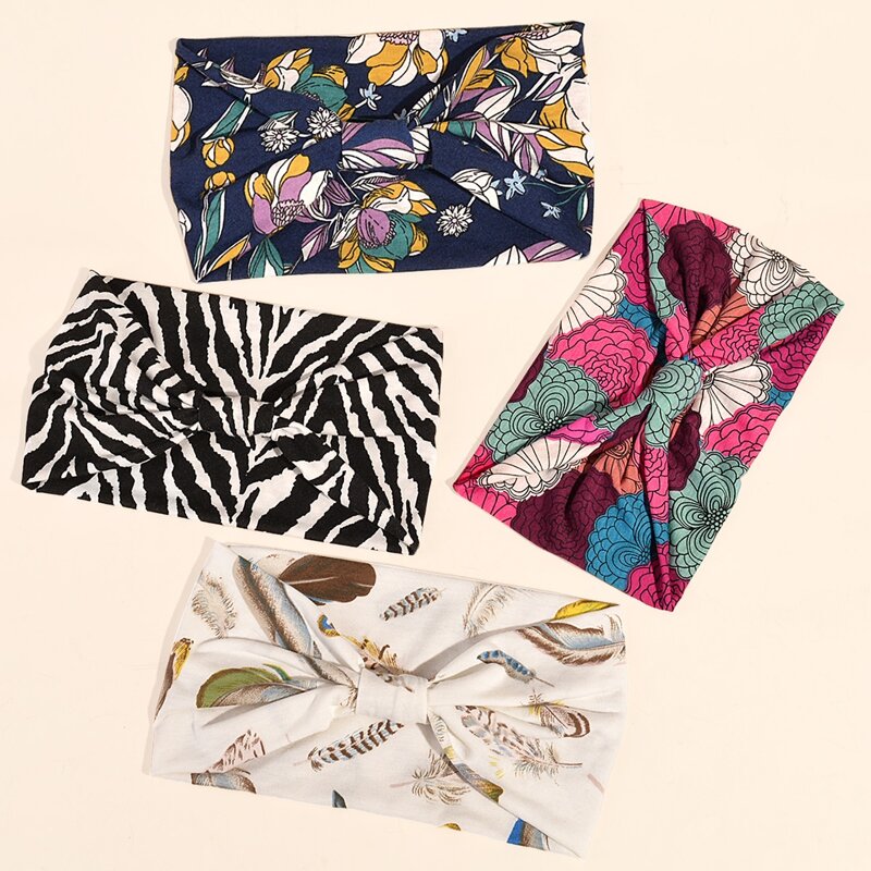 

4pcs Flower Print Wide Hair Band, Multicolor