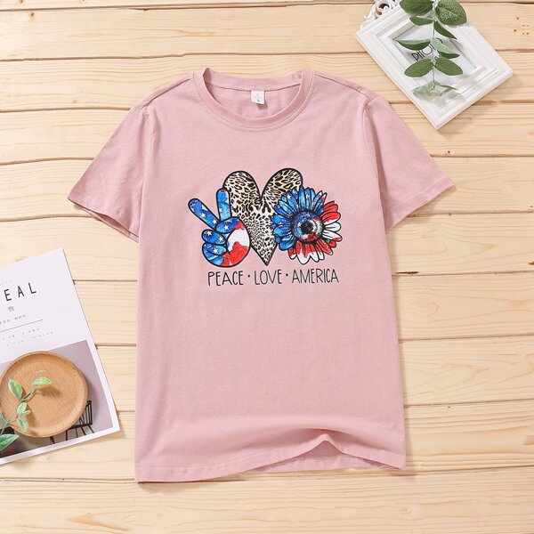 

1pc Letter & Sunflower Print Tee, Dusty pink