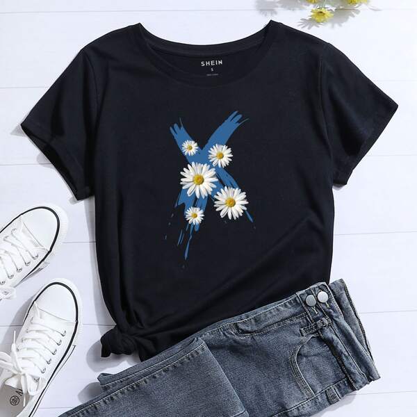 

Daisy Floral Print Short Sleeve Tee, Black