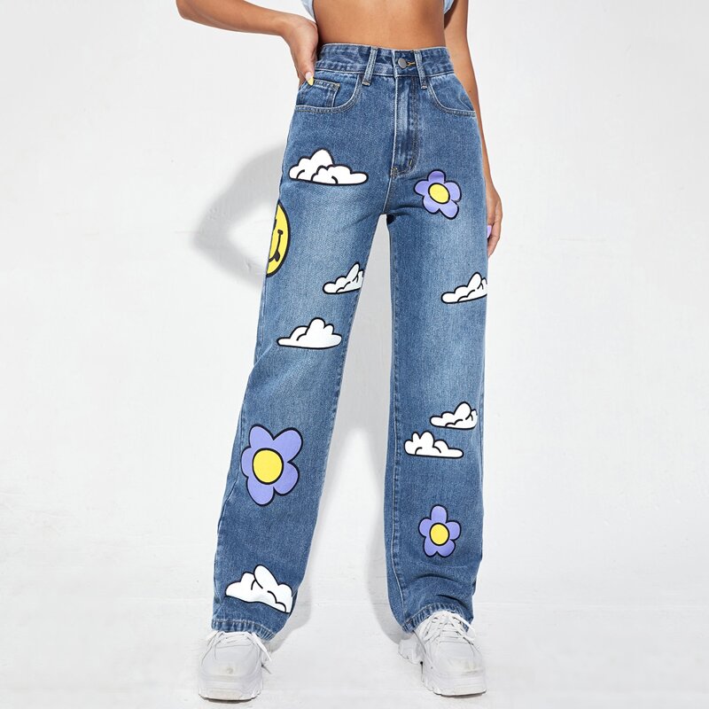 

High Waist Cartoon Graphic Wide Leg Jeans, Medium wash