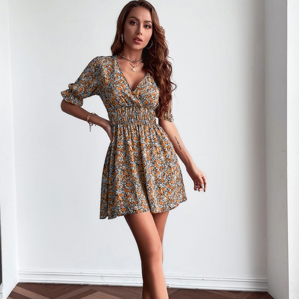 

Ditsy Floral Wrap Shirred Waist A-line Dress, Multicolor