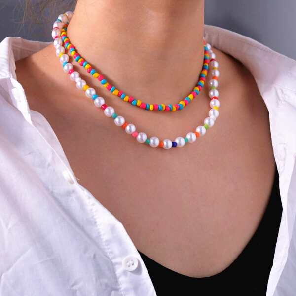 

Faux Pearl Layered Necklace, Multicolor