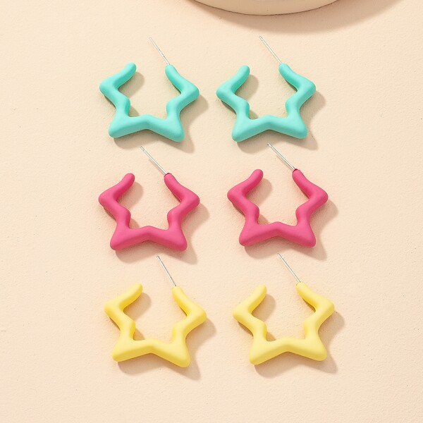 

3pairs Star Design Earrings, Multicolor