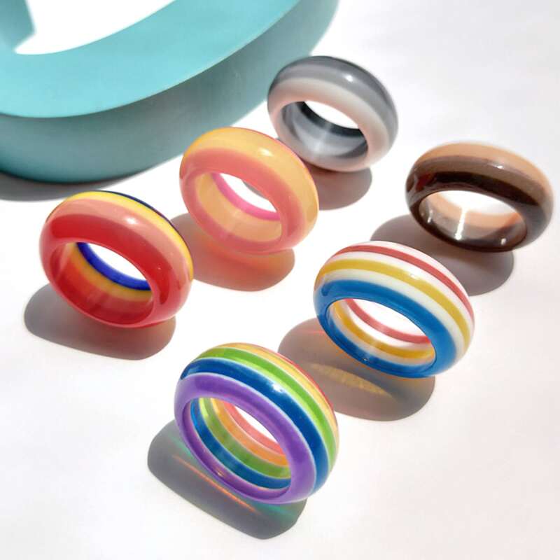 

6pcs Striped Ring, Multicolor